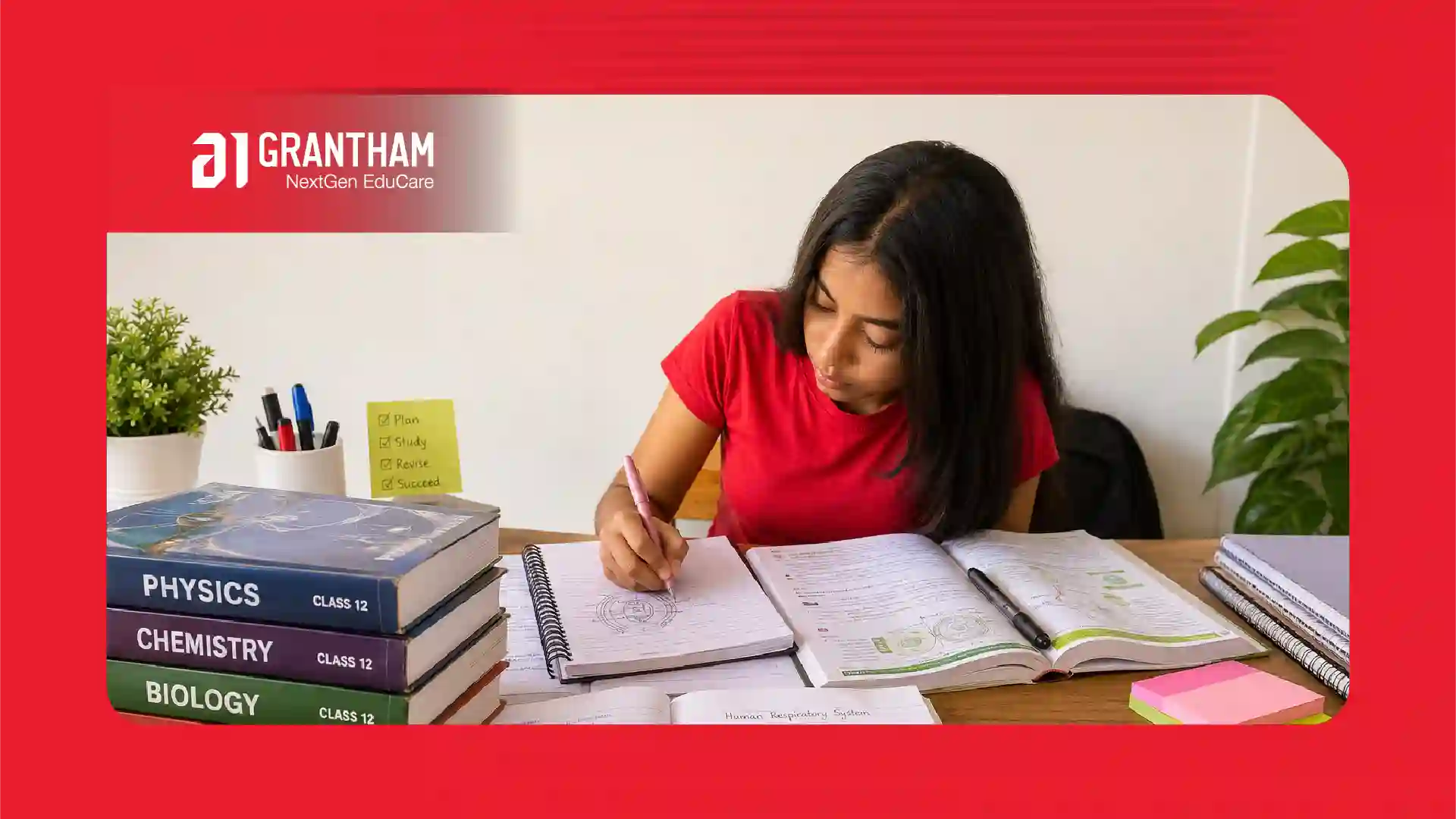 Student solving a mock test paper alongside NCERT textbooks and previous years' question papers