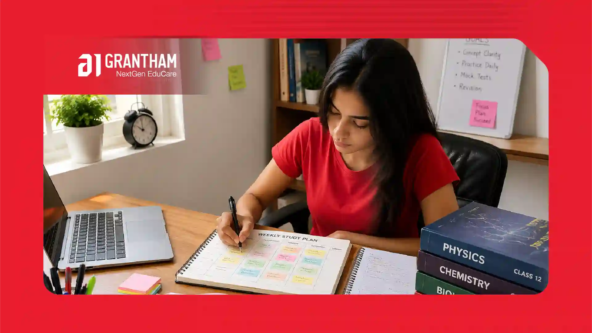 Student studying NCERT textbooks with highlighted notes, preparing for NEET and JEE