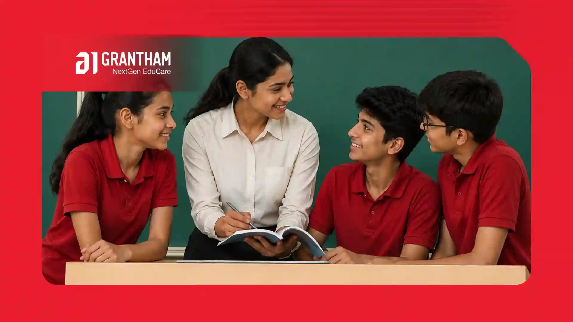 Teacher explaining a concept step by step to a small group of attentive students