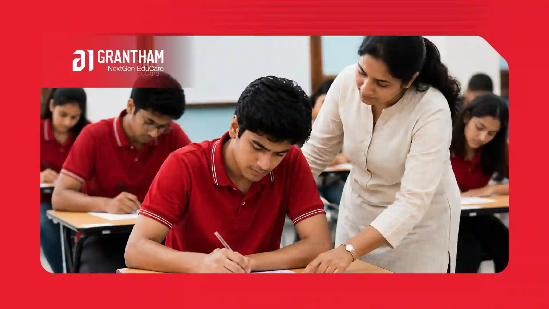 Teacher interacting closely with a small group of students in a small batch coaching classroom