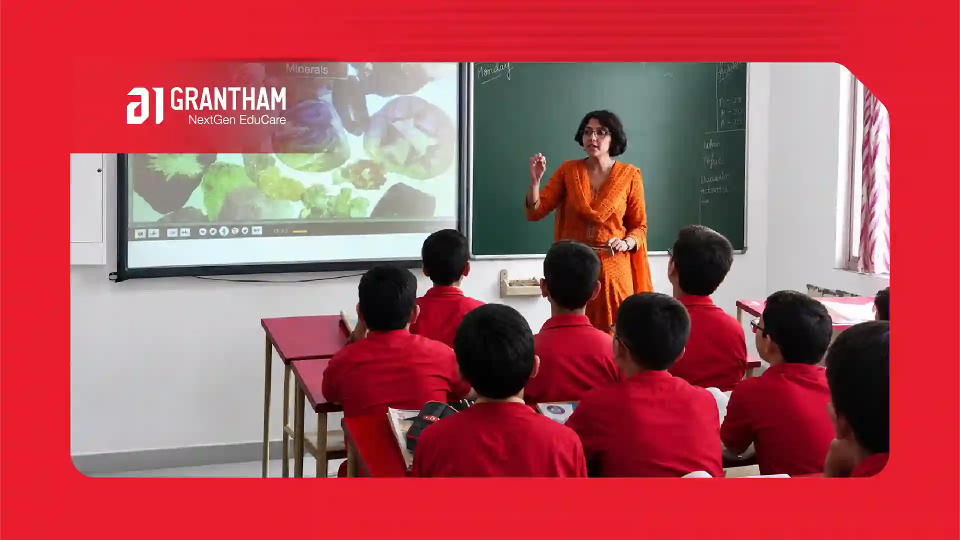 Science teacher explaining a concept to an engaged group of students in the classroom
