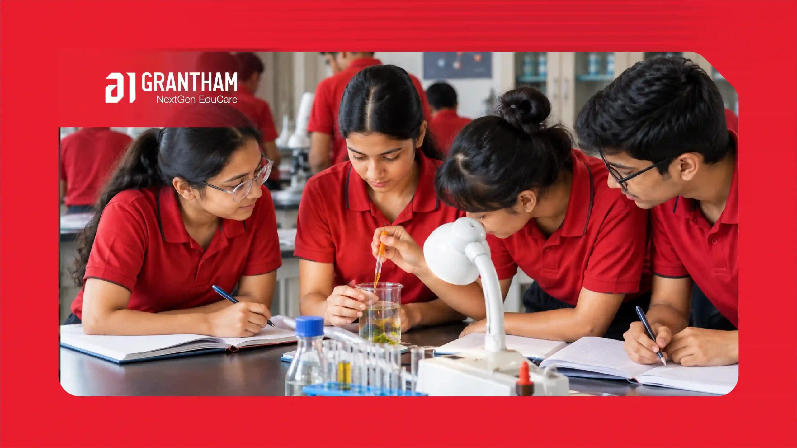Class 11 and 12 science students in a classroom working through concepts together