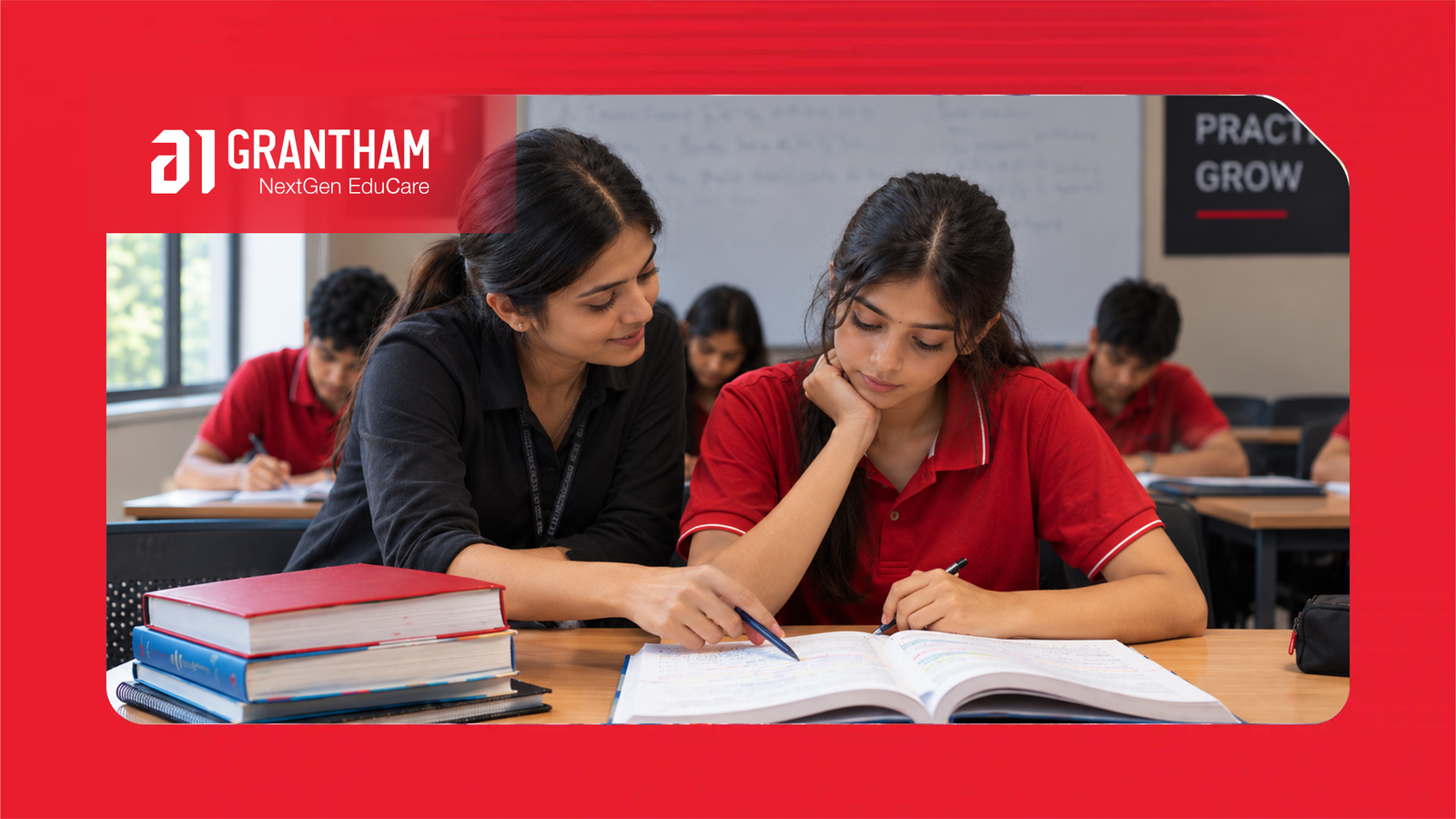 Student and mentor reviewing a mock test score sheet during competitive exam coaching
