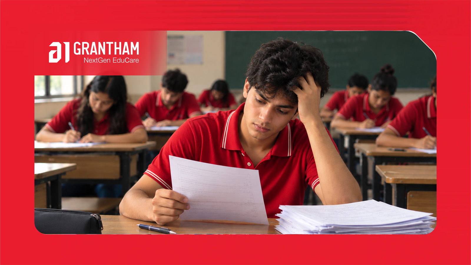 Student analysing previous year question papers and marking recurring topics for exam preparation