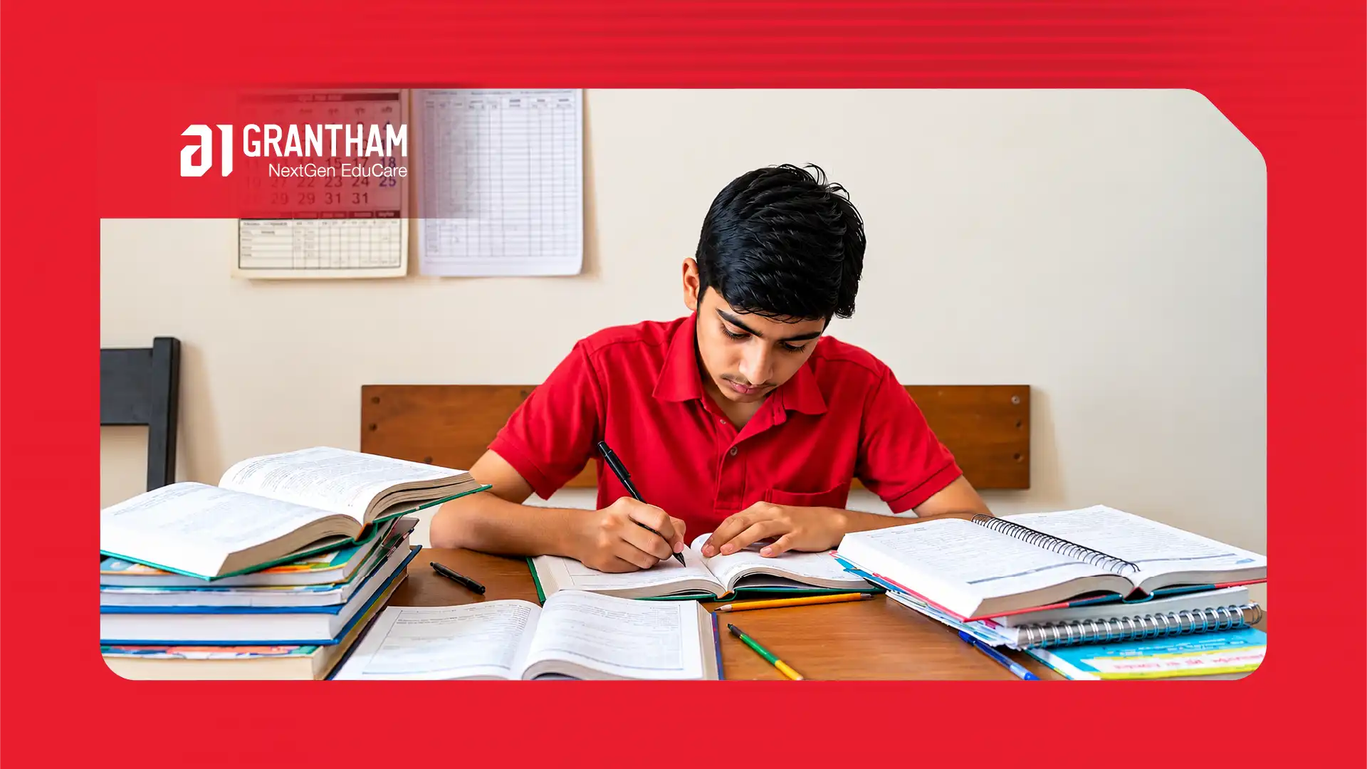 Student balancing a school assignment notebook with JEE NEET preparation materials on a study desk