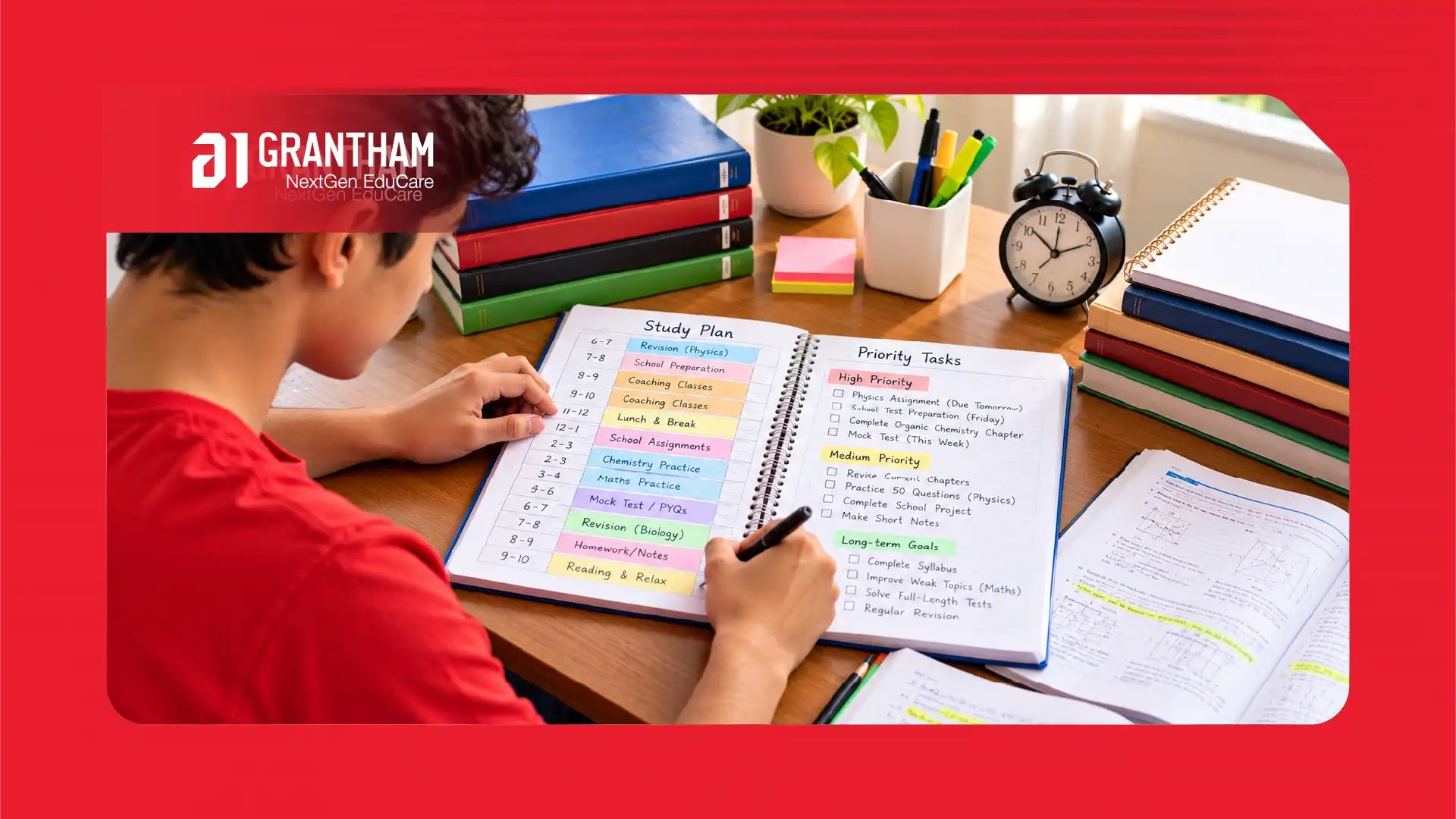 Student mapping overlapping topics between school syllabus and JEE NEET preparation in a notebook